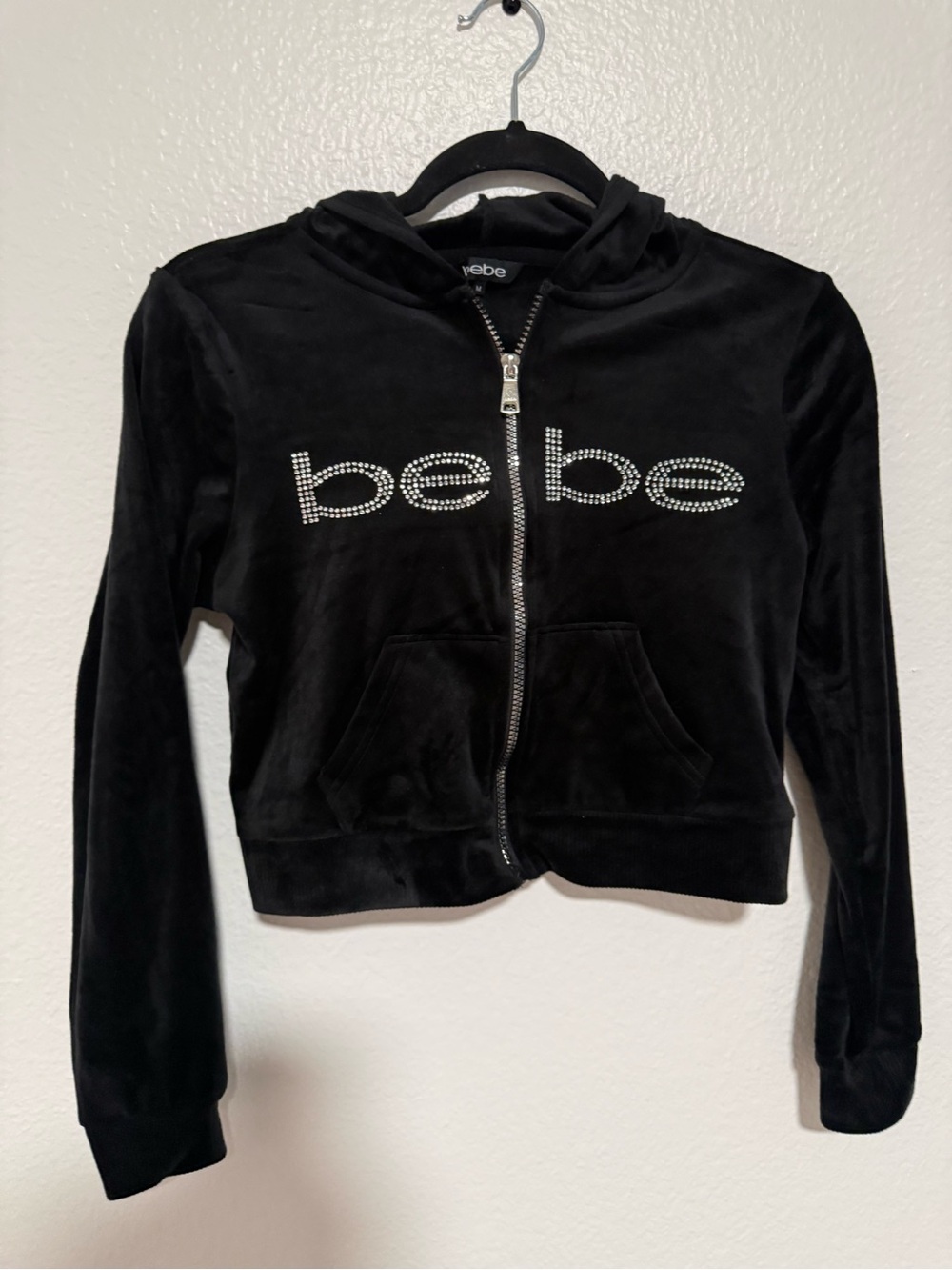 Y2K bebe Black Crystal Logo Zip Hoodie